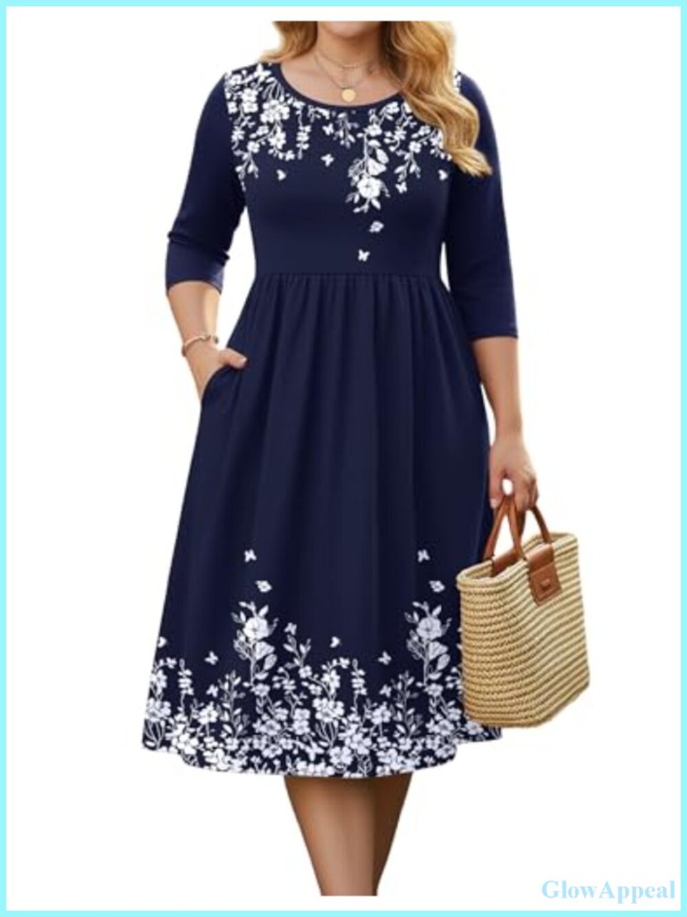 Plus Size 3/4 Sleeve Midi Dress Loose Flowy A-line with Pockets Boho Sundress